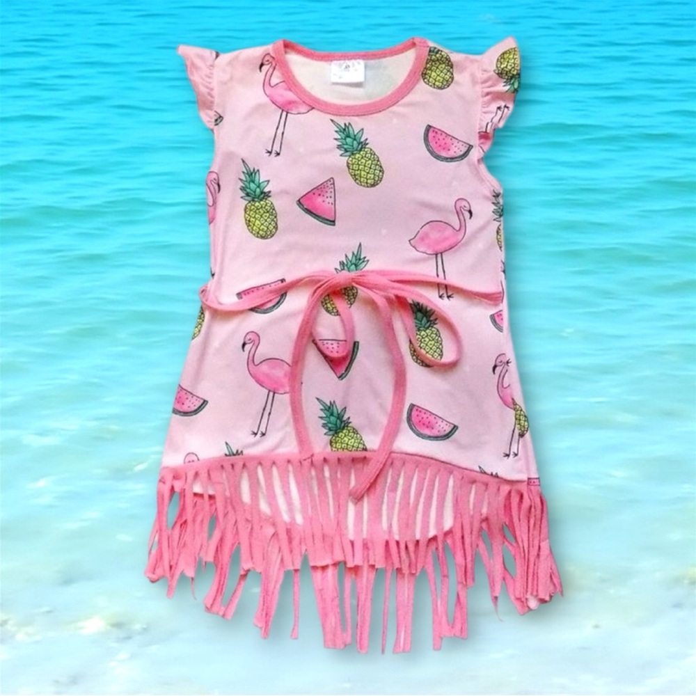 👙2/$10👗3/$12 Fringe Flutter Sleeve Flamingo Pineapple Watermelon Cover Up M 4T